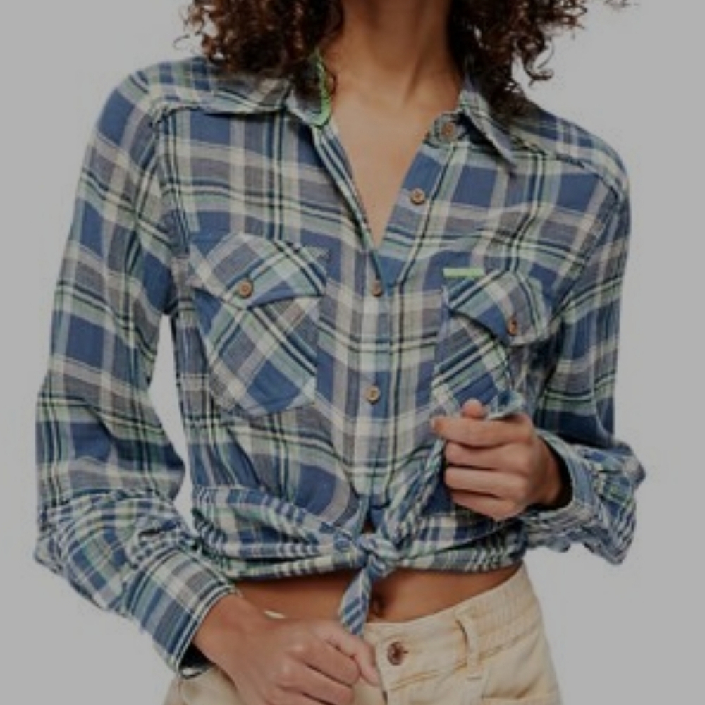 *NWOT* F/P Plaid Chambray Combo Front Tie Shirt